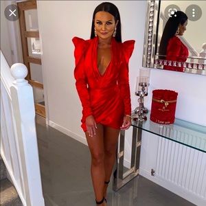 House of CB 'Rita' Red Satin Wrap Plunge Dress